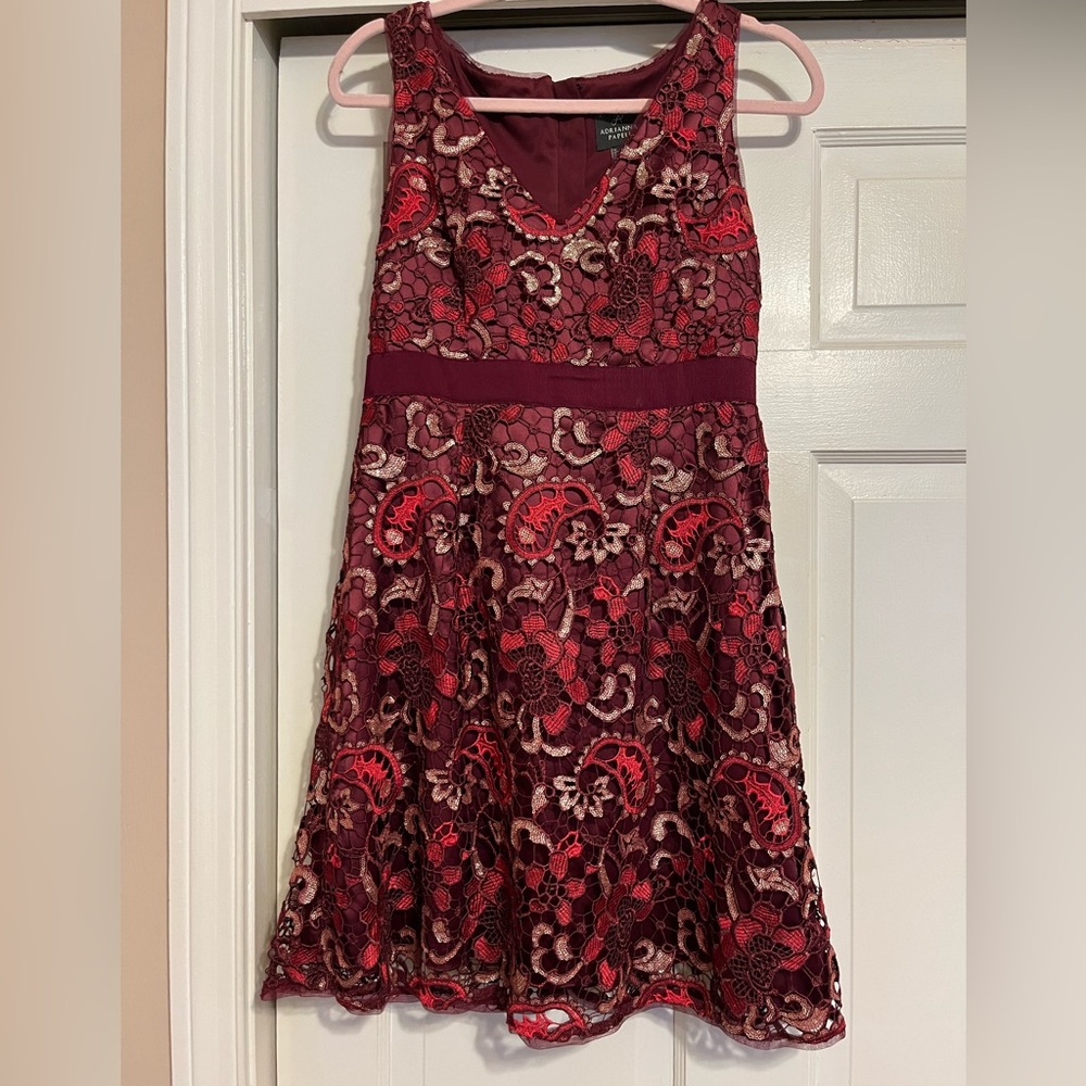 Gorgeous Adrianna Papell Black Cherry Gold Cord Floral Lace Dress